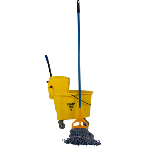 JR087 Ensemble professionnel de vadrouille et seau avec t&ecirc;te de vadrouille &agrave; bande blanche de 12 oz, Pression lat&eacute;rale, 8,75 gal. US (35 pintes), Jaune
