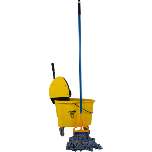 JR089 Ensemble professionnel de vadrouille et seau avec t&ecirc;te de vadrouille &agrave; bande blanche de 24 oz, Pression vers le bas, 8,75 gal. US (35 pintes), Jaune